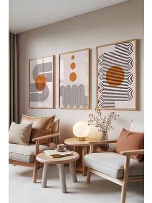 1001 Ahşap Çerçeveli 3’lü Tablo Seti Minimal Güneş Formları – Modern Hatlar Salon Set 30087, 3