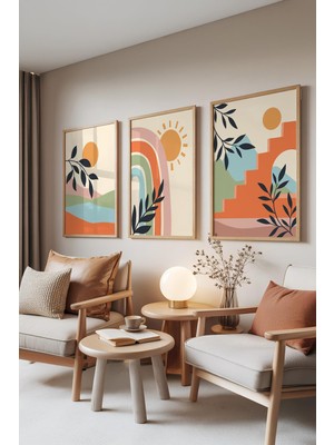 1001 Ahşap Çerçeveli 3’lü Tablo Seti Boho Manzara – Güneş ve Gökkuşağı Salon Set 30061, 21