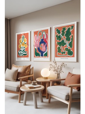1001 Beyaz Çerçeveli 3’lü Tablo Seti Turuncu Boho Çiçek Illüstrasyon – Salon Set 30141, 21 x 3