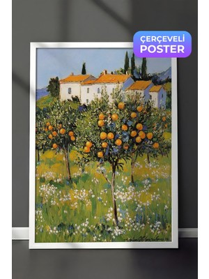 1001 Beyaz Çerçeveli Duvar Tablosu Portakal Bahçesi ve Villa Toskana Esintisi Salon Dekoru, 21 x 30