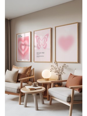 1001 Ahşap Çerçeveli 3’lü Tablo Seti Kalp ve Kelebek Tasarımı Genç Odası Set 30053, 21 x 30