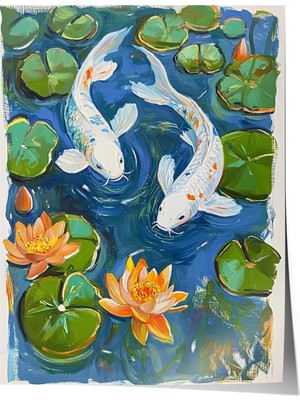 1001 Poster Koi Balıkları ve Lotus Çiçekli Gölet Manzarası Salon Dekoru, 30 x 40