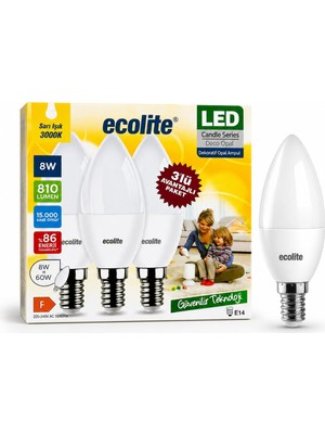 1001 Ecolite 8 W LED Mum Ampul – E14 Duy, 810 Lümen, 3000K Sarı Işık, 60W Eşdeğer, 3’lü Paket,
