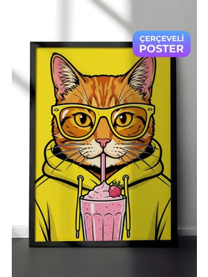 1001 Siyah Çerçeveli Duvar Tablosu Neon Sarı Pop Art Gözlüklü Kedi Çocuk Odası Dekoru, 21 x 30