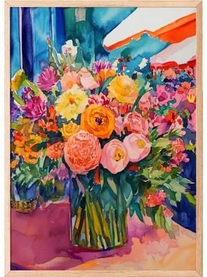 1001 Ahşap Çerçeveli Tablo Renkli Çiçek Buketi - Canlı Sanat Salon Dekoru Poster 105889, 50 x 70