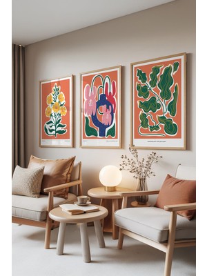 1001 Ahşap Çerçeveli 3’lü Tablo Seti Turuncu Boho Çiçek Illüstrasyon – Salon Set 30141, 70 x