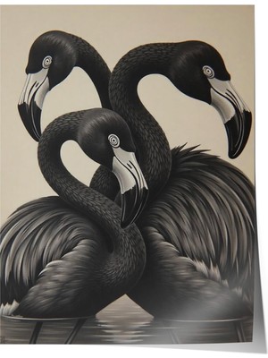 1001 Poster Siyah Tonlarda Üçlü Flamingo Modern Stil Salon Dekoru, 30 x 40