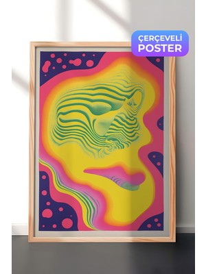1001 Ahşap Çerçeveli Duvar Tablosu Neon Renklerde Soyut Yüz Formu Psikedelik Sanat Salon Dekoru, 30 x