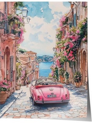 1001 Premium Poster Italyan Sahil Kasabasında Pembe Klasik Araba Salon Dekoru, 21 x 30