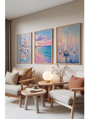 1001 Ahşap Çerçeveli 3’lü Tablo Seti Sea Dreams – Sahil ve Yelkenli Salon Set 30104, 15 x 21