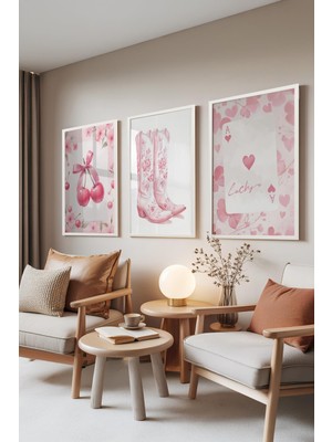 1001 Beyaz Çerçeveli 3’lü Tablo Seti Lucky Cherry – Pembe Country Tarz Genç Odası Set 30103, 10
