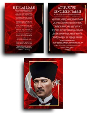 1001 Atatürk Köşesi 3'lü Anlamlı Mdf Duvar Sanatı Tablo Seti 25 x 35 cm