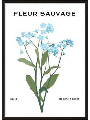 1001 Siyah Çerçeveli Tablo Mavi Çiçek Dalları – Minimal Botanik Salon Dekoru Poster 100777, 15 x 2