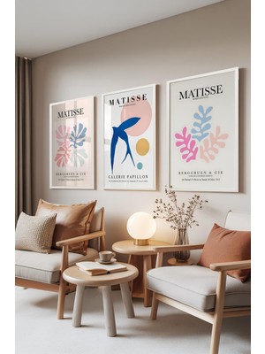 1001 Beyaz Çerçeveli 3’lü Tablo Seti Matisse Tarzı Renkli Soyut Figürler Salon Set 30015, 70 x 100