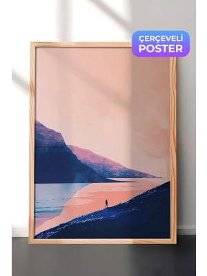 1001 Ahşap Çerçeveli Duvar Tablosu Pastel Tonlarda Kıyı Yolu ve Deniz Manzarası Salon Dekoru, 30 x