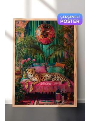 1001 Ahşap Çerçeveli Duvar Tablosu Egzotik Tropikal Atmosferde Dinlenen Leopar Salon Dekoru, 30 x 40