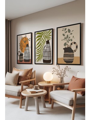 1001 Siyah Çerçeveli 3’lü Tablo Seti Vazo ve Yaprak – Boho Tarz Oturma Odası Set 30065, 10 x 15