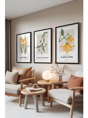 1001 Siyah Çerçeveli 3’lü Tablo Seti Floral Serisi – Sarı ve Yeşil Tonlar Salon Set 30068, 21 x