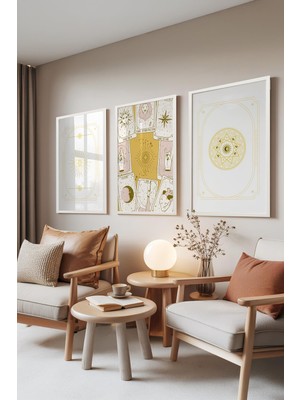 1001 Beyaz Çerçeveli 3’lü Tablo Seti Tarot Çizimleri – Soft Sarı Salon Set 30109, 15 x 21