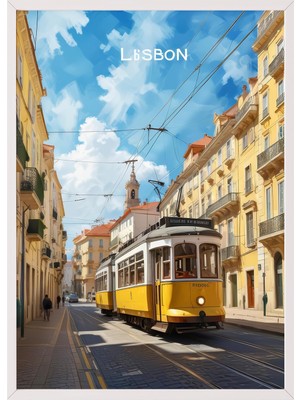 1001 Beyaz Çerçeveli Duvar Tablosu Lizbon Tramvay Manzarası – Sarı ve Mavi Tonlar Salon Dekoru, 70