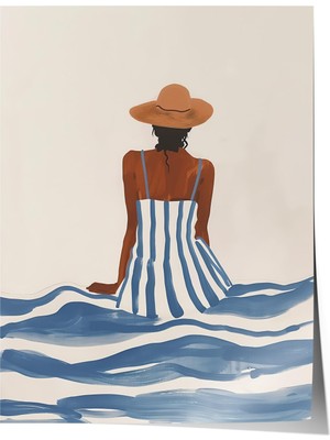 1001 Premium Poster Denizde Oturan Şapkalı Kadın Yaz Temalı Illüstrasyon Salon Dekoru, 21 x 30