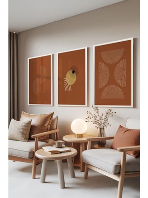 1001 Beyaz Çerçeveli 3’lü Tablo Seti Terracotta Geometry – Sıcak Minimal Salon Set 30091, 21 x 30