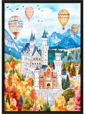 1001 Siyah Çerçeveli Tablo Şato ve Balonlar - Masalsı Manzara Genç Odası Dekoru Poster 105976, 50 x