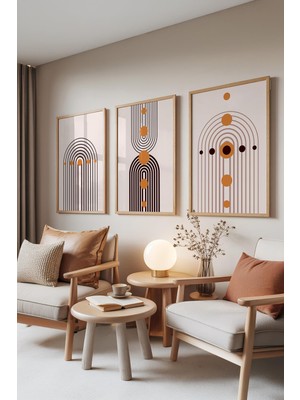 1001 Ahşap Çerçeveli 3’lü Tablo Seti Linear Arches – Sade Geometrik Tarz Ofis Set 30088, 70 x 100