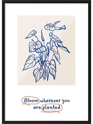1001 Siyah Çerçeveli Tablo Mavi Çizim Çiçekler – Minimal Çizgi Sanatı Ofis Dekoru Poster 100911,