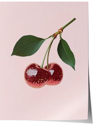 1001 Poster Işıltılı Kırmızı Kiraz Illüstrasyonu Mutfak Dekoru, 21 x 30