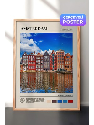 1001 Ahşap Çerçeveli Duvar Tablosu Amsterdam Kanal Evleri Renkli Şehir Manzarası Salon Dekoru, 50 x