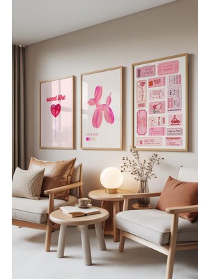 1001 Ahşap Çerçeveli 3’lü Tablo Seti Sweet Like – Pembe Balon Serisi Genç Odası Set 30071, 15 x
