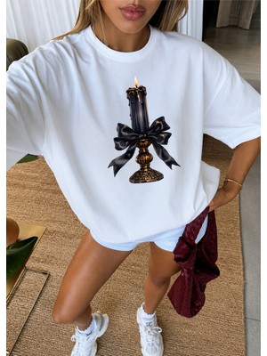 Donamod Pamuklu Kadın/erkek Oversize Kurdele Tasarımlı T-Shirt