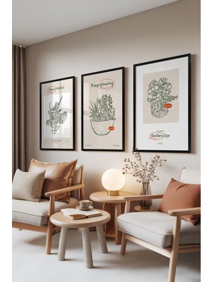 1001 Siyah Çerçeveli 3’lü Tablo Seti Botanik Çizimler – Yeşil Tonlar Salon Set 30006, 70 x 100