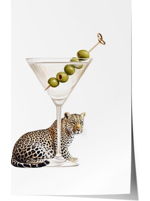 1001 Poster Leoparlı Martini Illüstrasyonu – Modern Beyaz Fon Salon Dekoru, 15 x 21