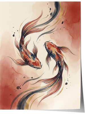 1001 Premium Poster Alev Tonlarında Akışkan Koi Hareketi Salon Dekoru, 30 x 40