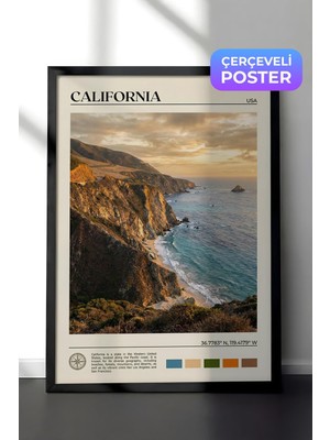 1001 Siyah Çerçeveli Duvar Tablosu California Sahil Kayalıkları Gün Batımı Salon Dekoru, 50 x 70