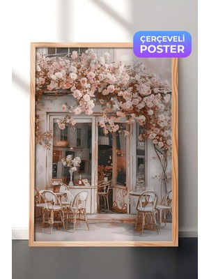 1001 Ahşap Çerçeveli Duvar Tablosu Çiçeklerle Sarılı Romantik Paris Kafe Sokak Manzarası Salon De