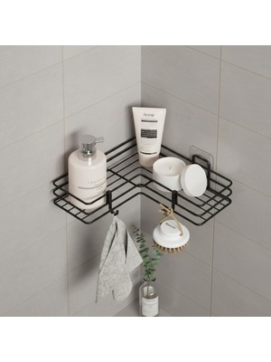 1001 Yapışkanlı Banyo Köşeliği Köşe Rafı Duş Şampuanlık Duvar Düzenleyici Organizer Raf Siya