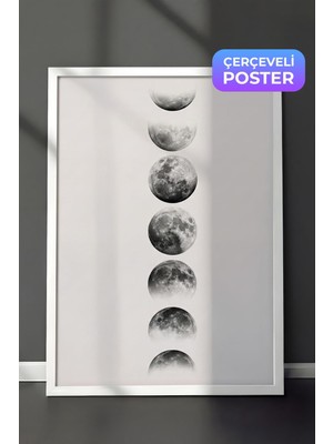 1001 Beyaz Çerçeveli Duvar Tablosu Ayın Evreleri Siyah Beyaz Salon Dekoru, 21 x 30