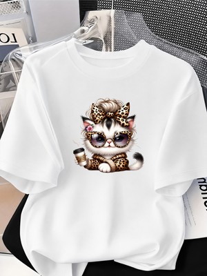Donamod Pamuklu Kadın/erkek Oversize Kedi Tasarımlı T-Shirt