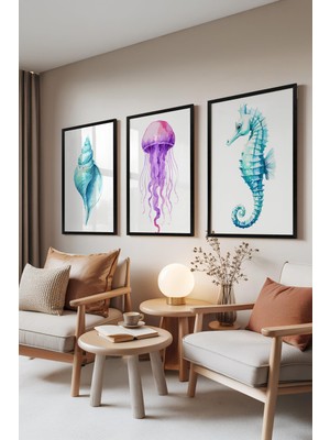 1001 Siyah Çerçeveli 3’lü Tablo Seti Deniz Canlıları – Midye Denizanası Denizatı Salon Set 300