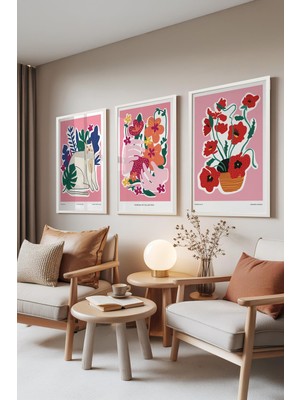 1001 Beyaz Çerçeveli 3’lü Tablo Seti Pembe Modern Çiçek & Illüstrasyon – Salon Set 30143, 15 x