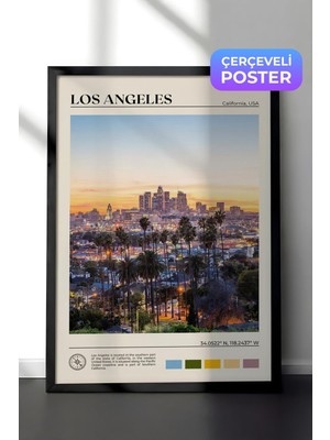 1001 Siyah Çerçeveli Duvar Tablosu Los Angeles Skyline Şehir Manzarası Salon Dekoru, 50 x 70