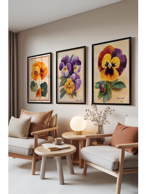 1001 Siyah Çerçeveli 3’lü Tablo Seti Renkli Menekşeler – Klasik Botanik Salon Set 30082, 70 x 100