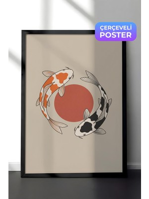 1001 Siyah Çerçeveli Duvar Tablosu Sakin Denge Içinde Dönen Koi Enerjisi Salon Dekoru, 50 x 70