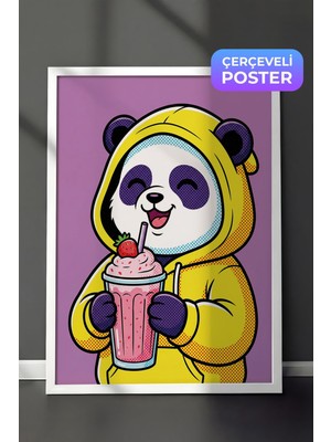 1001 Beyaz Çerçeveli Duvar Tablosu Sarı Kapüşonlu Panda Çilekli Milkshake Neşesi Çocuk Odası Dek