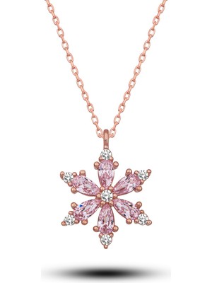1001 925 Ayar Gümüş Pembe Taşlı Lotus Kamelya Çiçeği Kolye