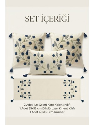 Buldan Natura Papatya 4’lü Punch Nakışlı Dekoratif Kırlent Kılıfı ve Runner Seti – 2 Adet 42×42 cm + 1 Adet 35×55 cm Kırlent Kılıfı + 1 Adet 40×130 cm Runner