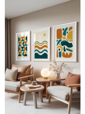 1001 Beyaz Çerçeveli 3’lü Tablo Seti Geometrik Dalgalar – Retro Tonlar Salon Set 30090, 15 x 21